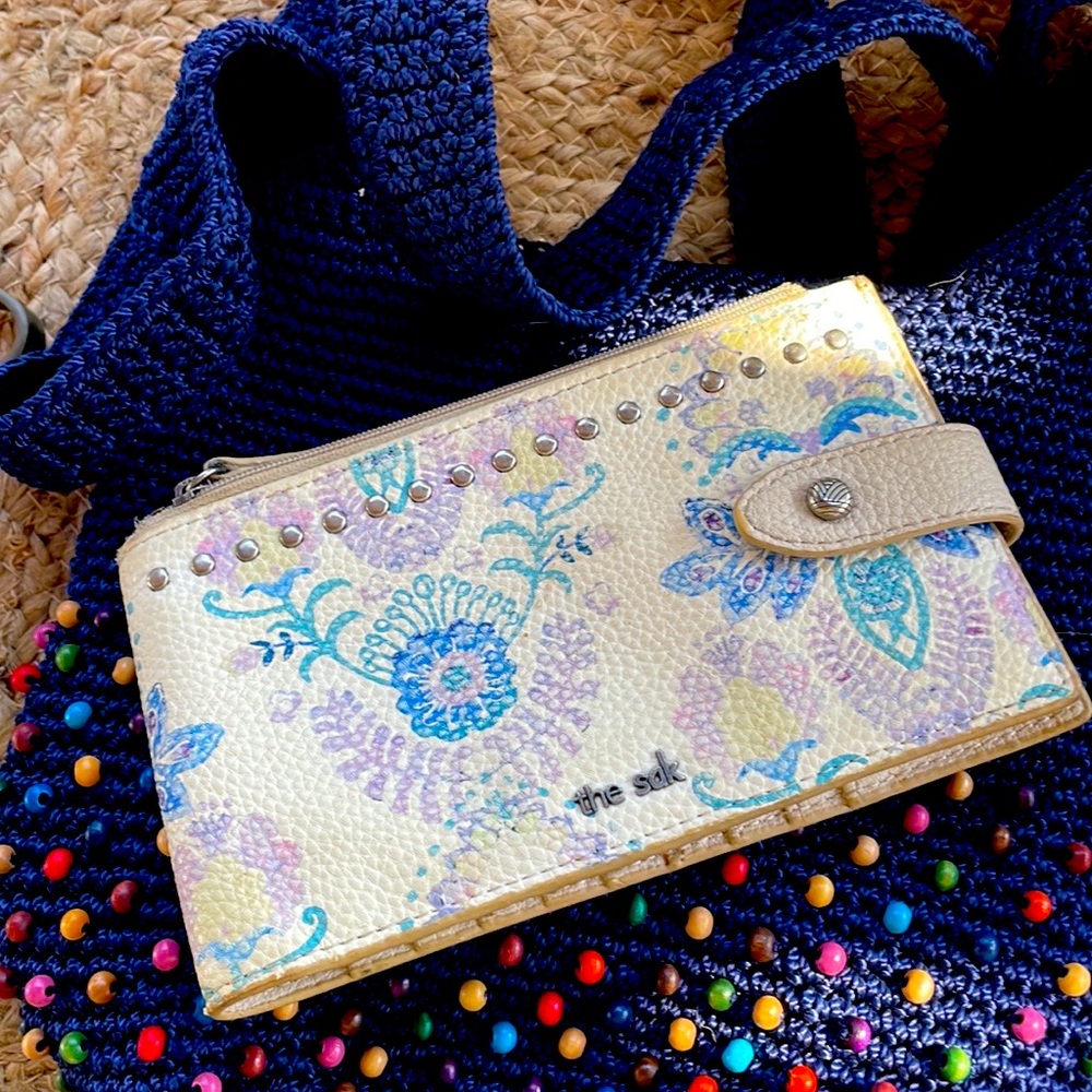 TheSac Bali crochet beaded bag, nwot and pre- loved large botanical wallet.